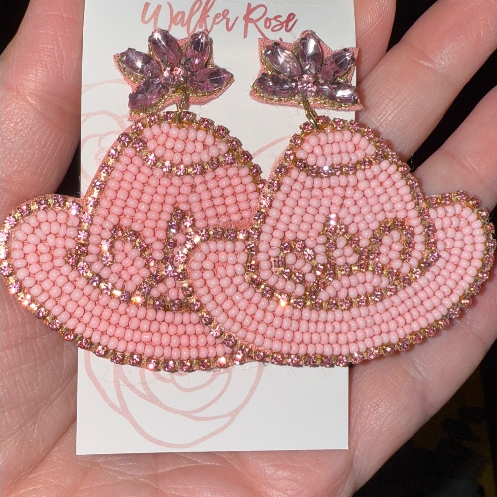 🆕🩷WALKER ROSE: Pink Bead & Crystal Hat Earrings